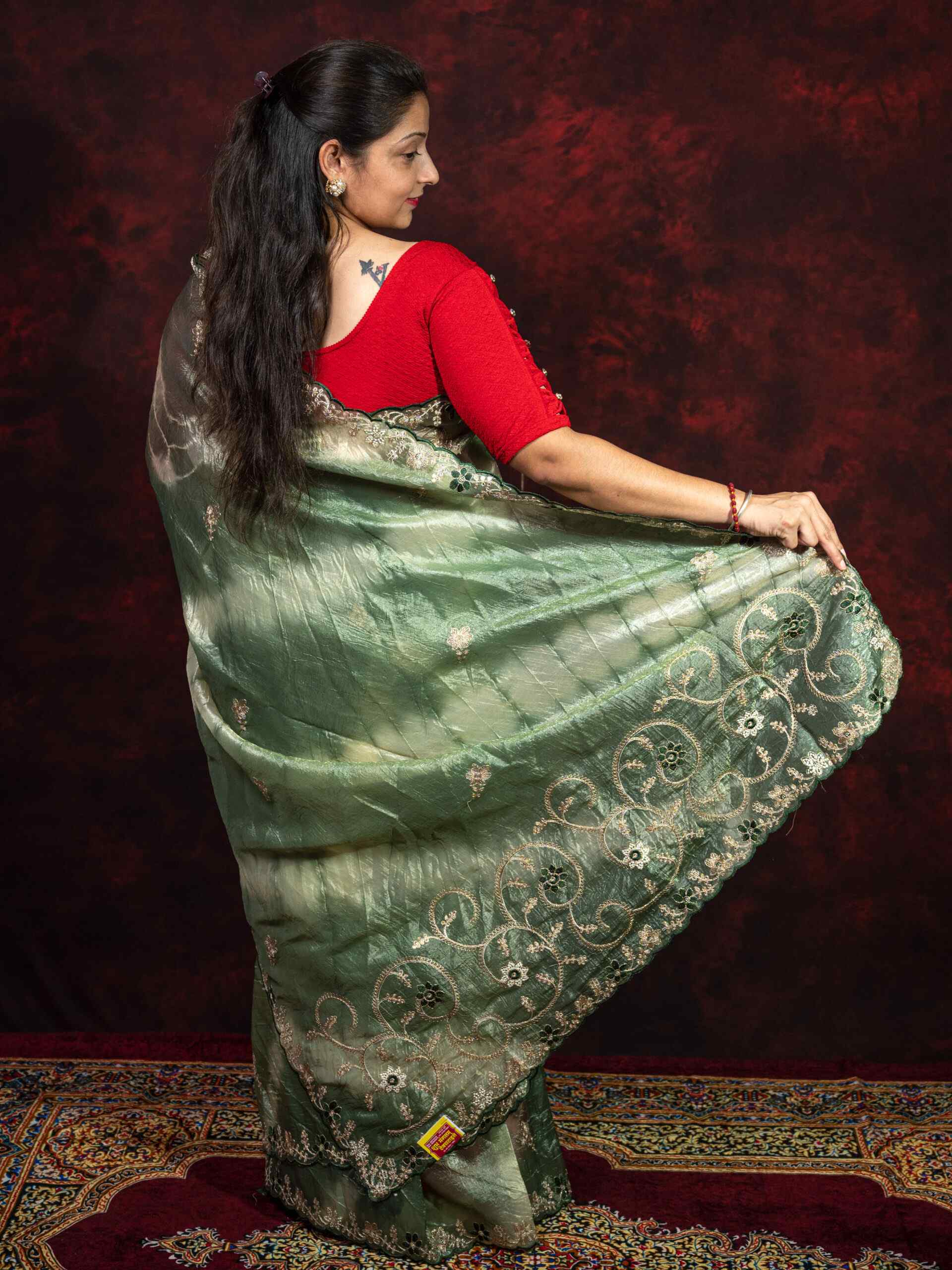 Olive Green Gold Crush Saree with Pittan Work | Elegant Traditional Designer Saree - Image 3