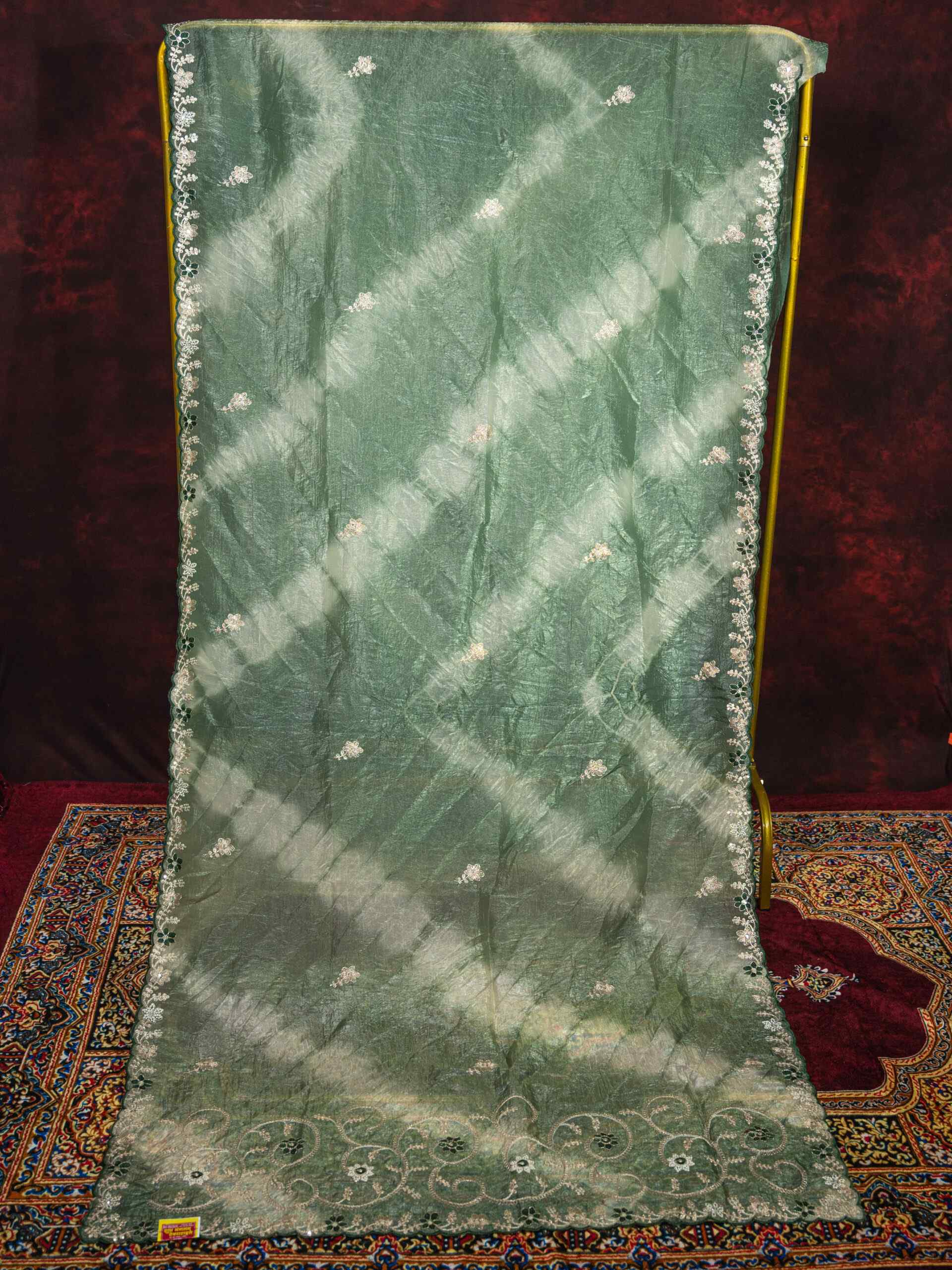 Olive Green Gold Crush Saree with Pittan Work | Elegant Traditional Designer Saree - Image 5