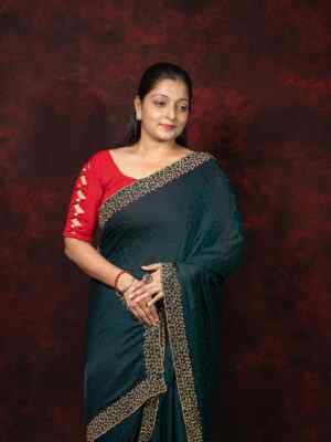 Teal Blue Dolo Silk Saree with Stone Work Border & Thread Weaving | Elegant Festive Wear