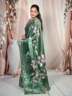 Green Chinnon Saree with Digital Flower Design & Cut Dana Work