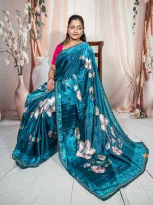 Teal Blue Chinnon Saree with Digital Flower Print & Cut Dana Work | Party Wear