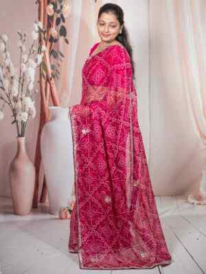 Mehroon Soft Chinnon Saree with Cut Dana Work & Bandhani Pattern | Festive Ethnic Wear