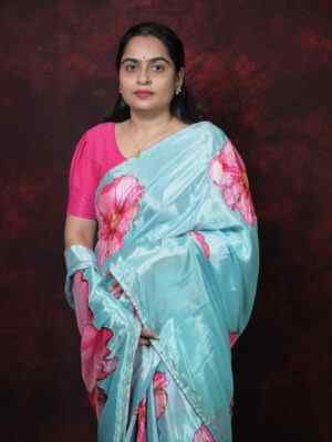 Sky Charm" Sky Blue Chinnon Saree with Cutdana Hand Work & Digital Print