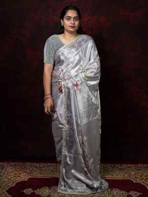 Silver Glow" Chinnon Saree with Cutdana Hand Work & Digital Print