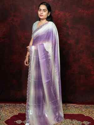Dual Shade White & Light Purple Satin Silk Saree with Siroski Diamond Work and Cutting Border