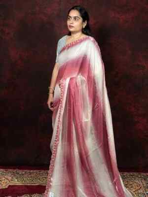 Dual Shade White & Peach Satin Silk Saree with Siroski Diamond Work and Cutting Border