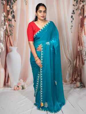 Firozi Elegance" Sami Organza Silk Saree with Stone Work & Cutting Border