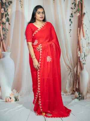 Crimson Grace" Red Sami Organza Silk Saree with Stone Work & Cutting Border