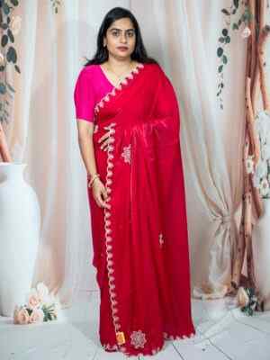 Red Silk Satin Saree with Cut Border