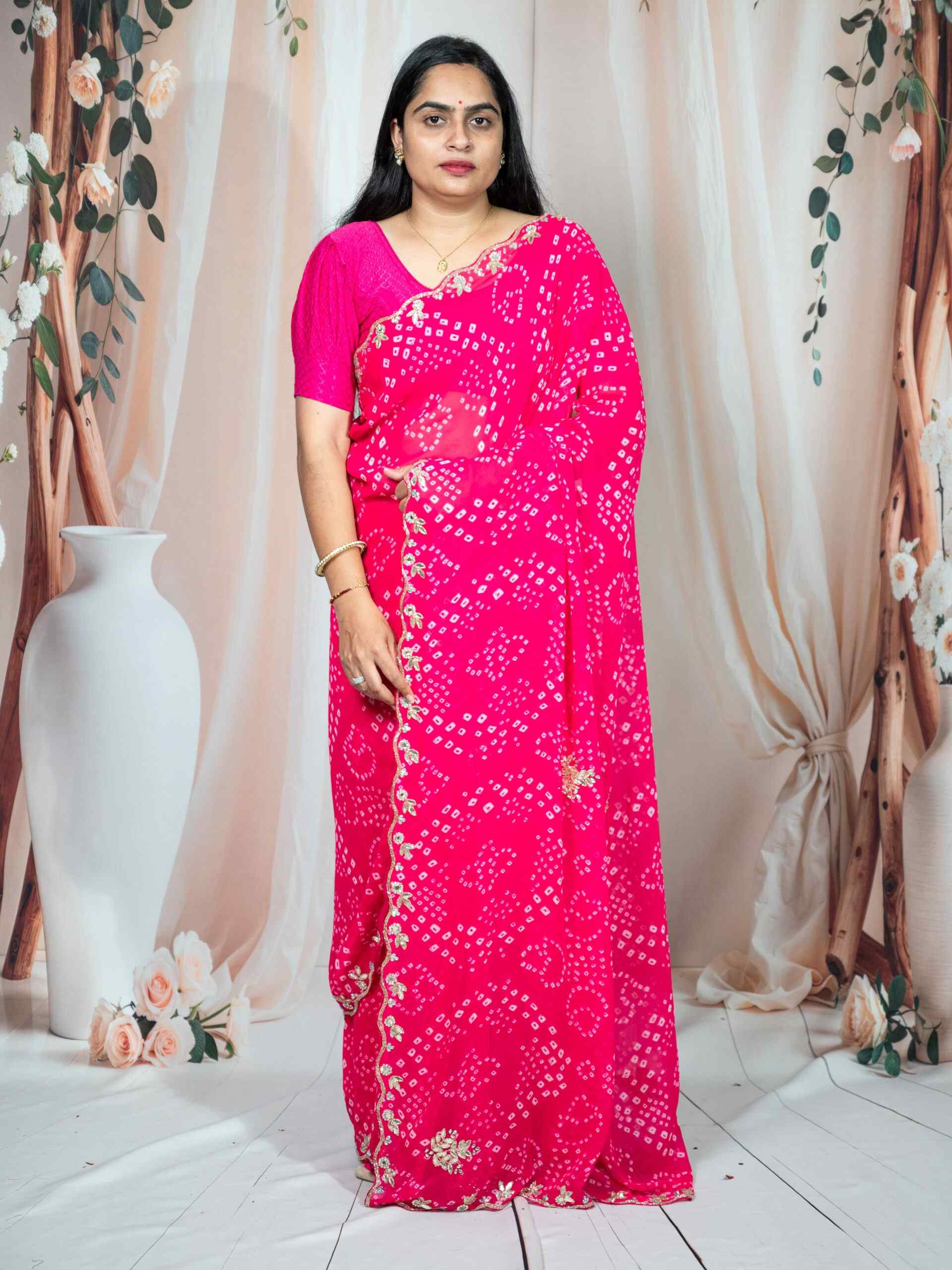 gulabi Bandhani Georgette Saree with Katdana Handwork - Image 2