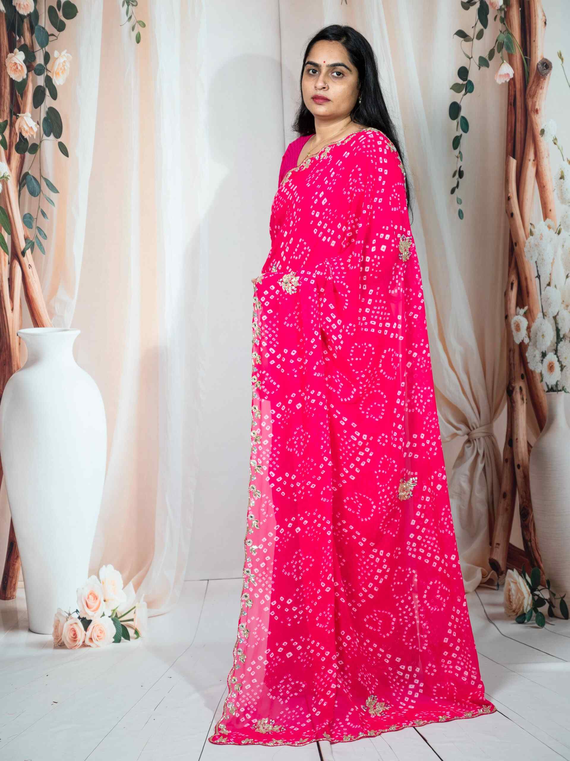 gulabi Bandhani Georgette Saree with Katdana Handwork