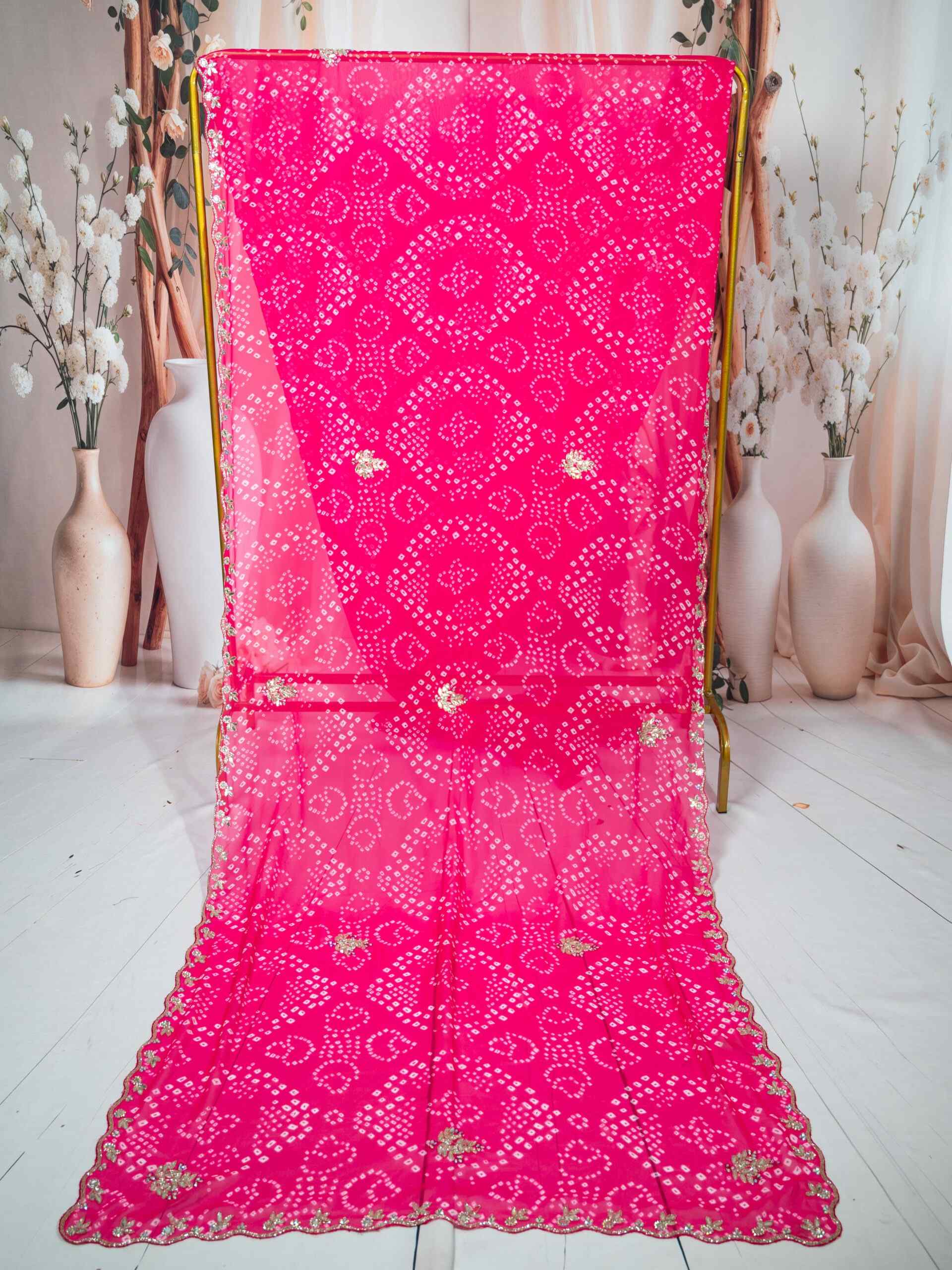 gulabi Bandhani Georgette Saree with Katdana Handwork - Image 6