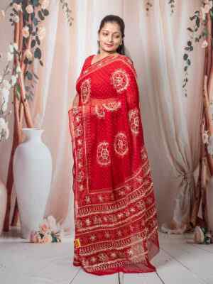 Red Pure Chiffon Saree with Kacchi Gota Patti Work | Festive & Wedding Saree