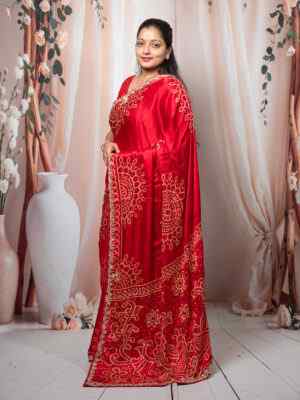 Red Modalk Gaji Saree with Handwork Bandhani Khadi Print | Premium Ethnic Saree
