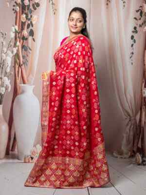 Red Royal Georgette Saree with Jacquard Weaving & Bandhani Print | Wedding & Festive Saree