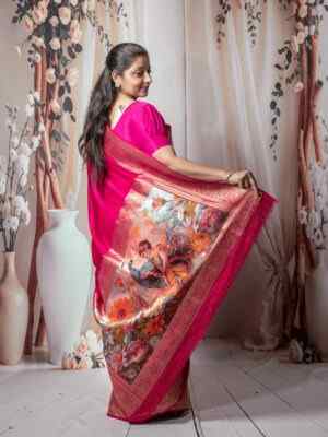 Pure Silk Digital Print Saree with Banarasi Border & Blouse Piece