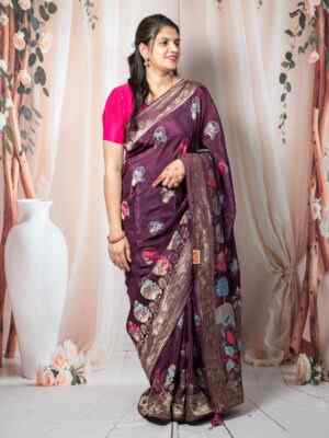 Royal Wine Pure Dola Silk Saree with Banarasi Pattern & Zari Weaving Work