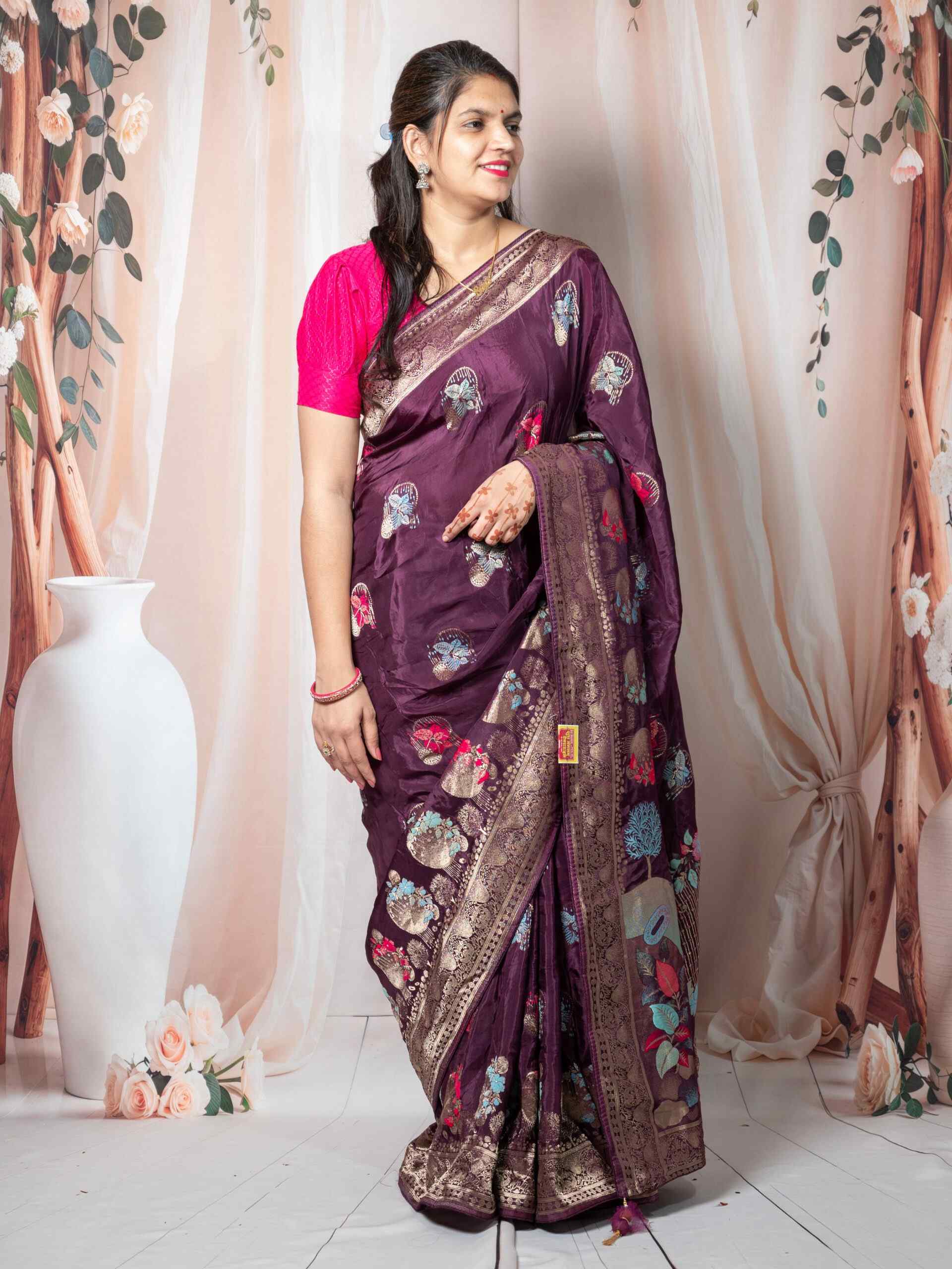 Royal Wine Pure Dola Silk Saree with Banarasi Pattern & Zari Weaving Work
