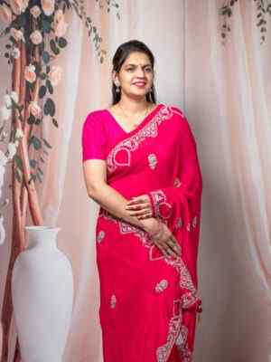 Elegant Rani Pink H.O Silk Saree with Beautiful Embroidery Work