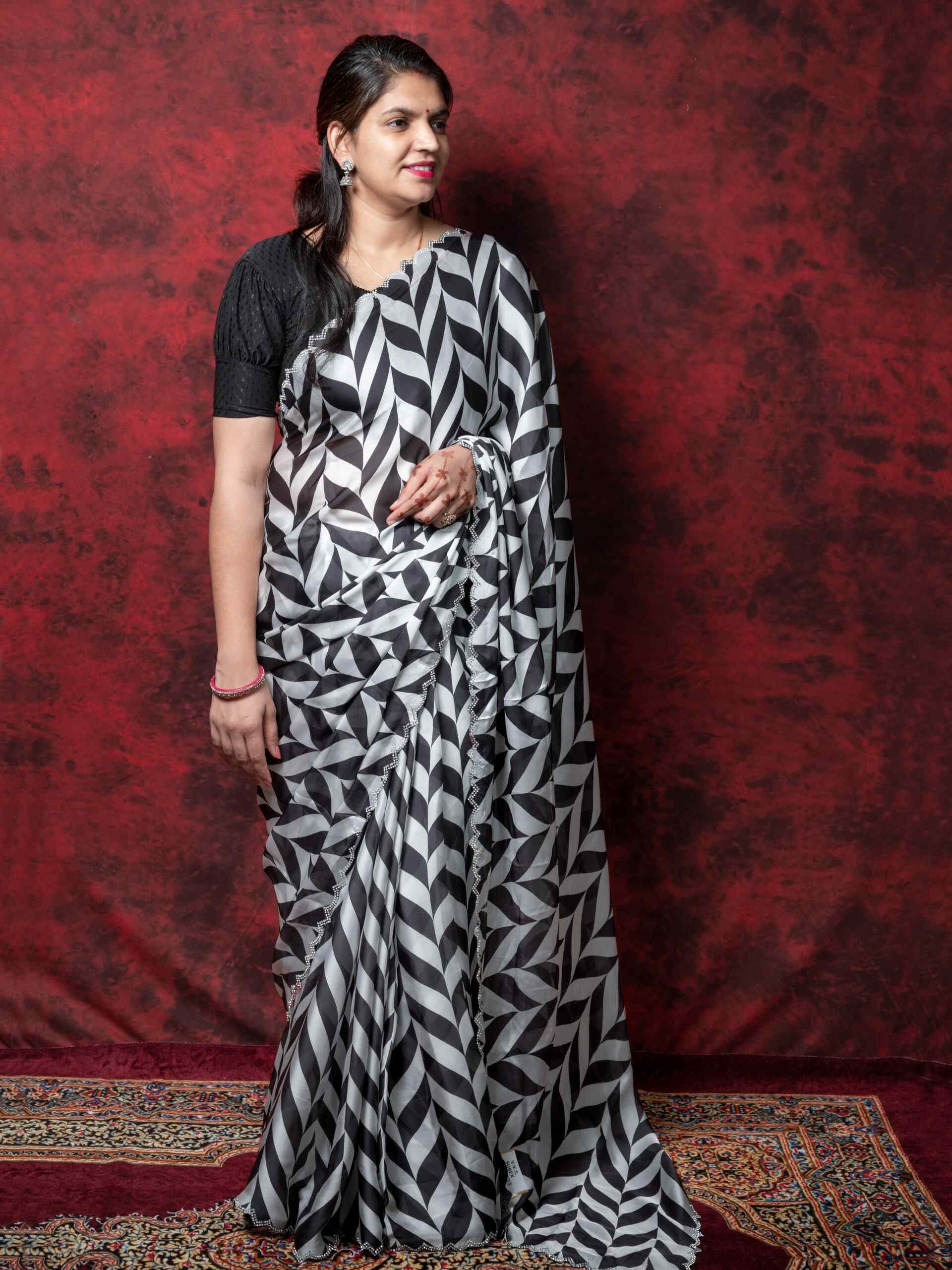 Elegant Black & White Satin Silk Saree with Cutting Border & Stone Work - Image 2