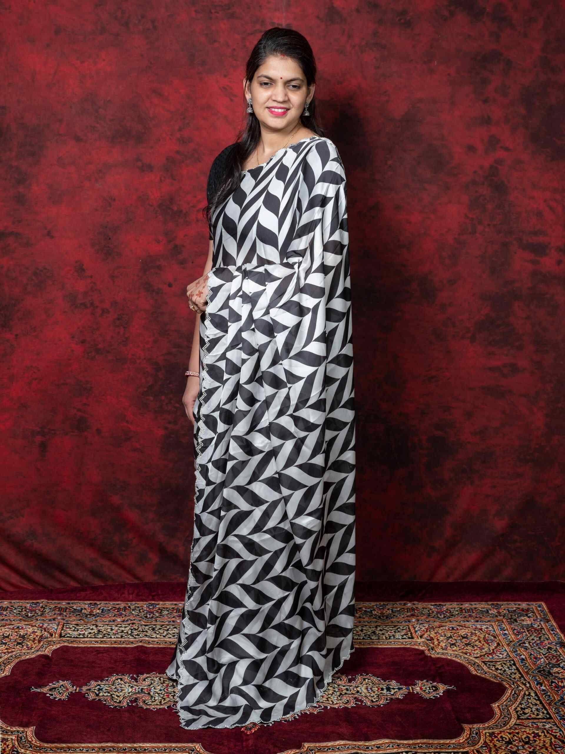 Elegant Black & White Satin Silk Saree with Cutting Border & Stone Work - Image 3