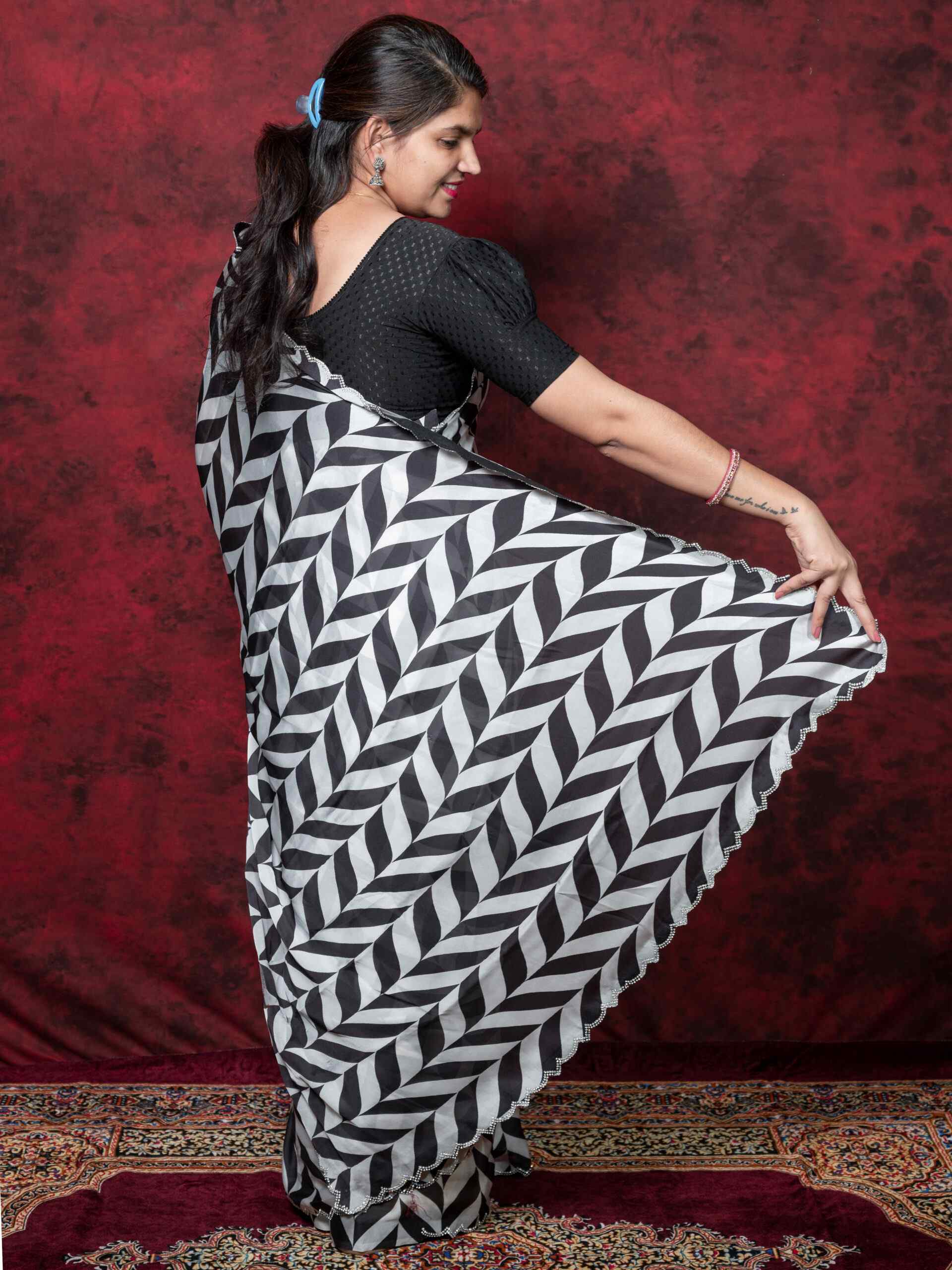 Elegant Black & White Satin Silk Saree with Cutting Border & Stone Work - Image 4