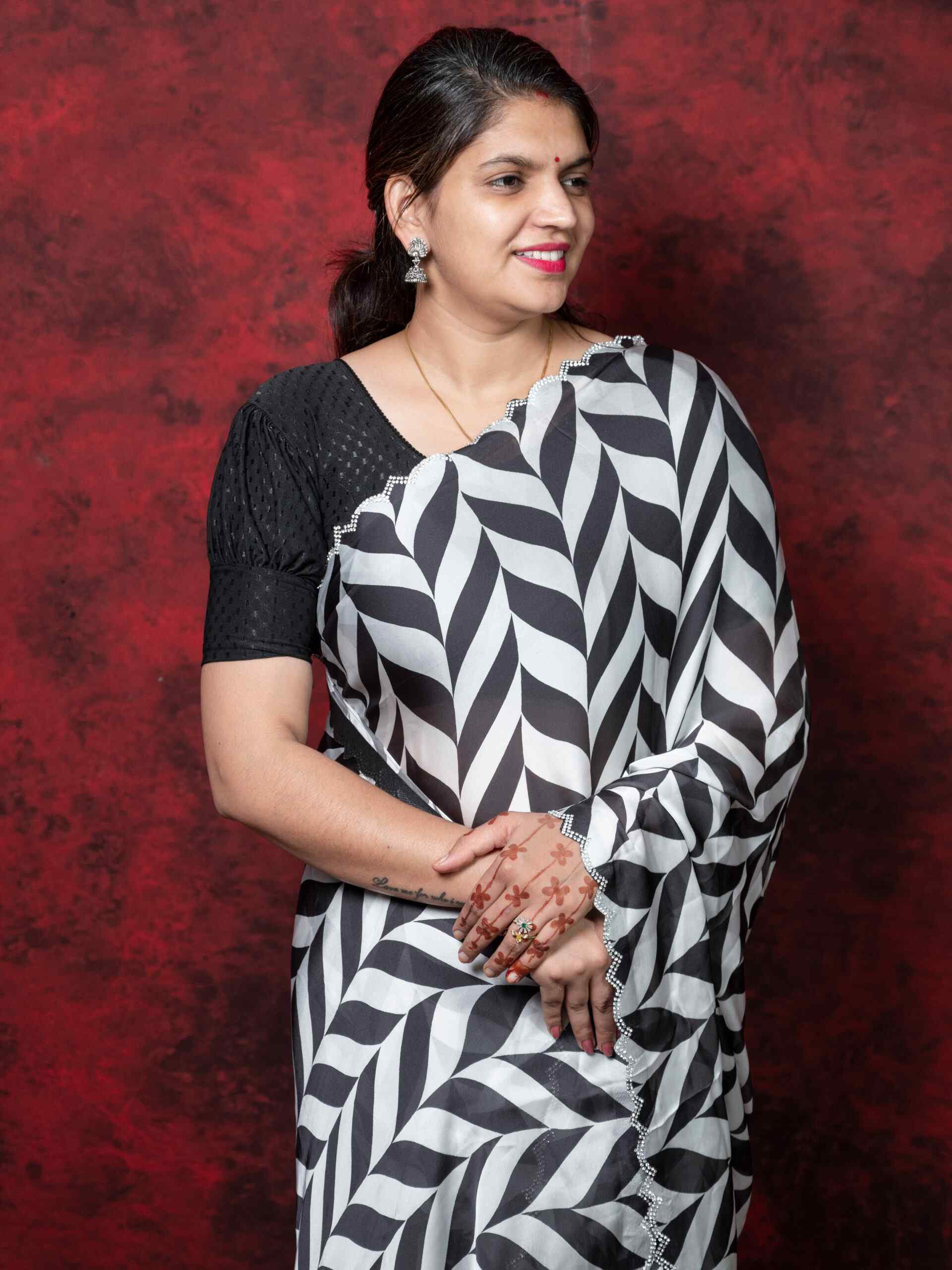 Elegant Black & White Satin Silk Saree with Cutting Border & Stone Work