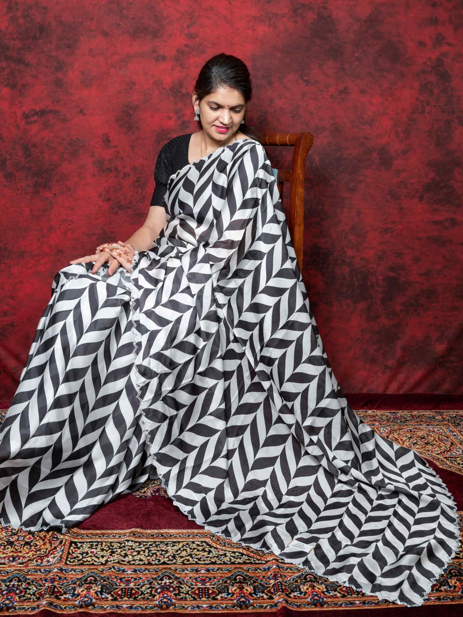 Elegant Black & White Satin Silk Saree with Cutting Border & Stone Work - Image 6
