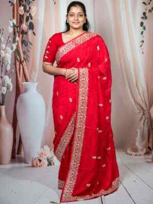 Red Silk Saree with Hand Embroidery Detailing