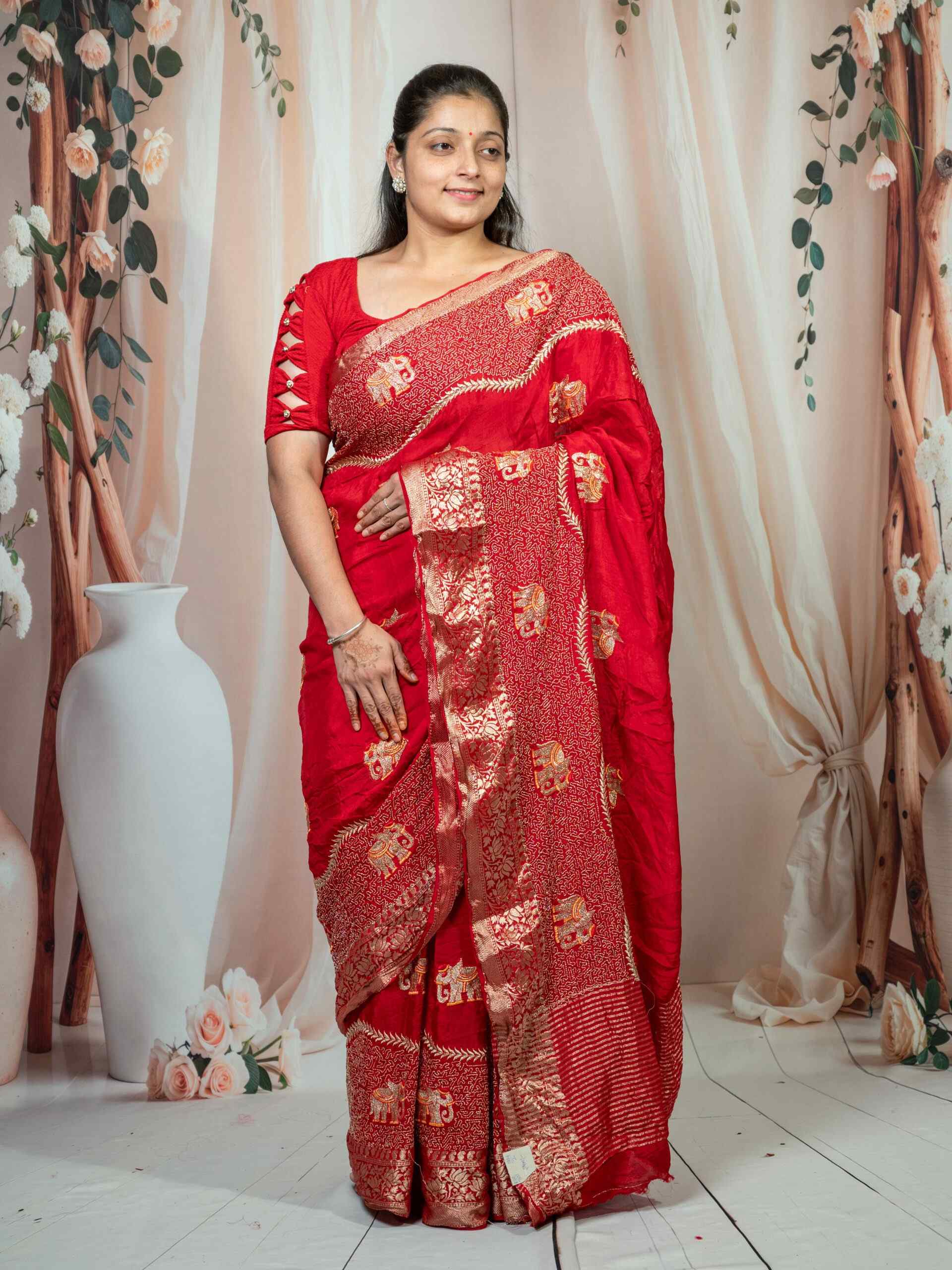 Red Pure Silk Saree with Zari Weaving & Elephant Motifs - Image 2