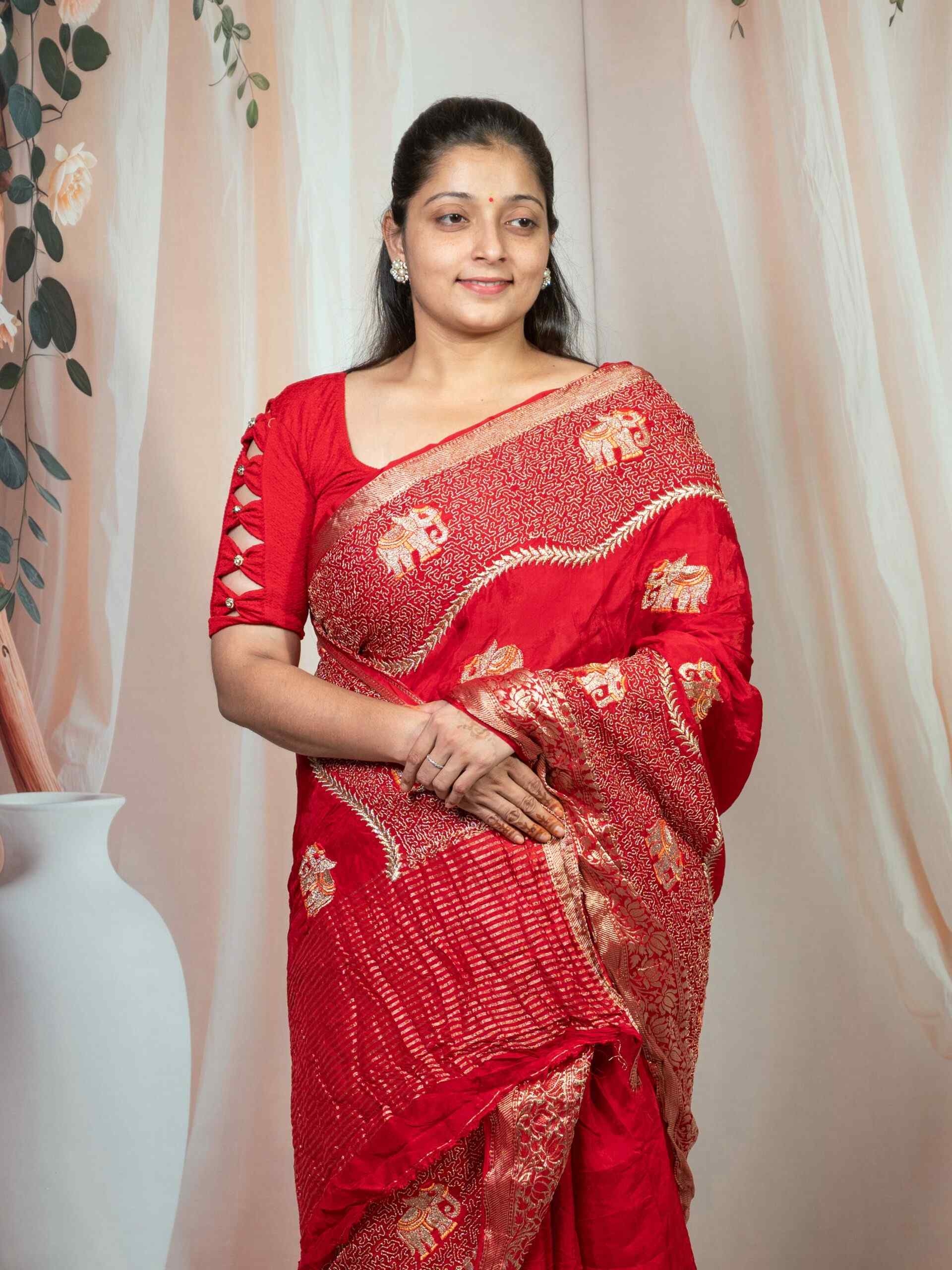 Red Pure Silk Saree with Zari Weaving & Elephant Motifs