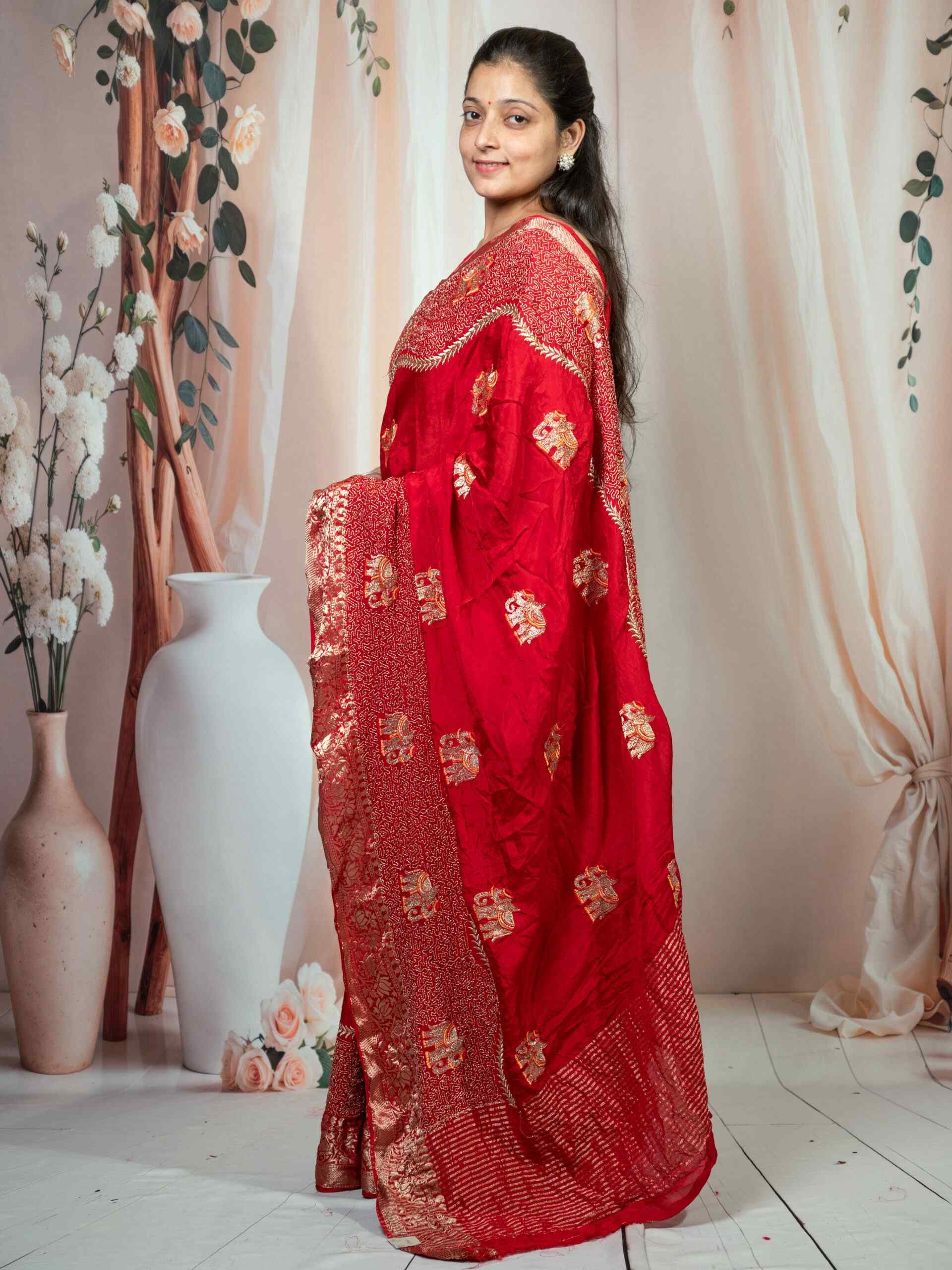 Red Pure Silk Saree with Zari Weaving & Elephant Motifs - Image 3