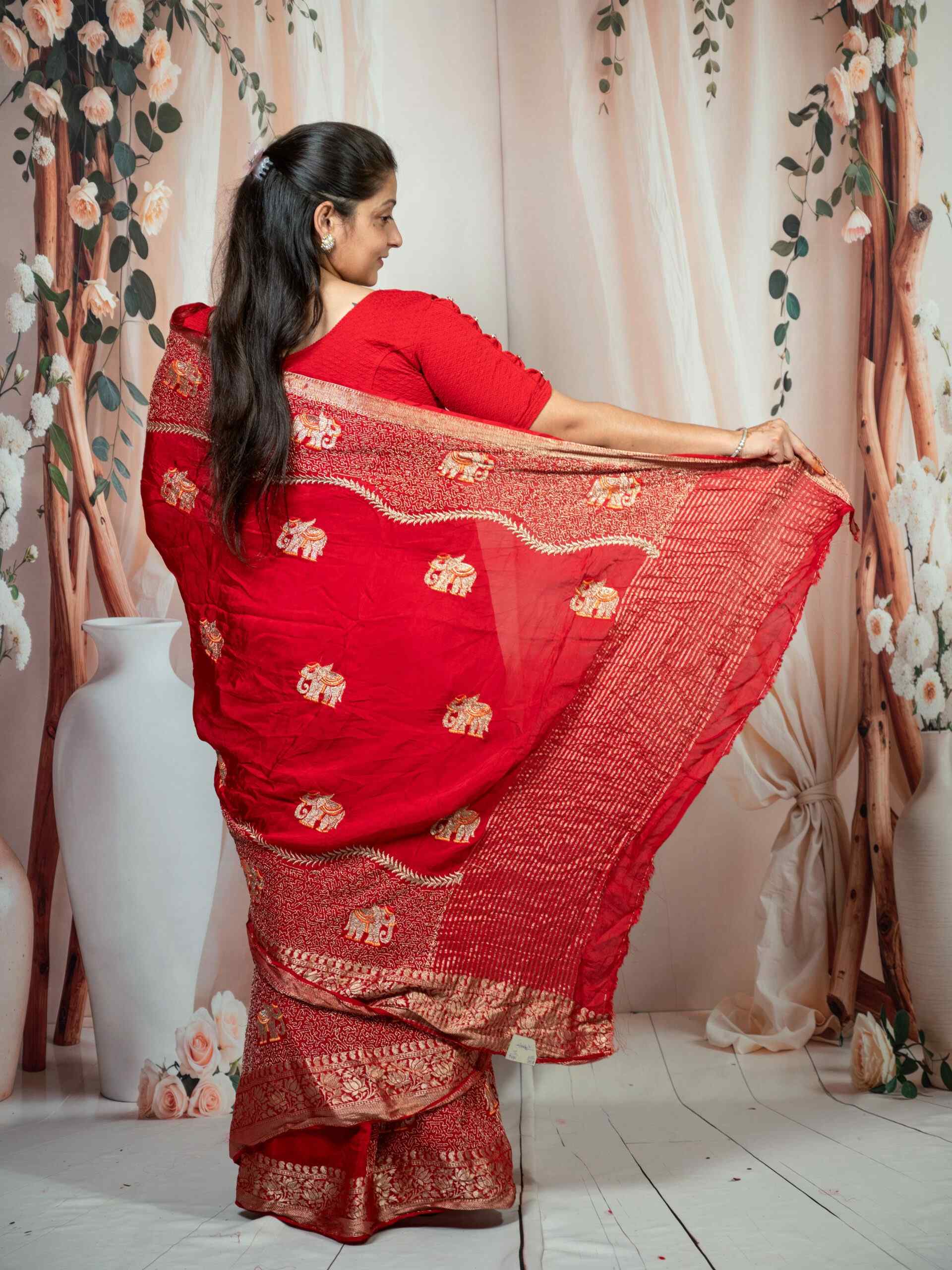 Red Pure Silk Saree with Zari Weaving & Elephant Motifs - Image 4