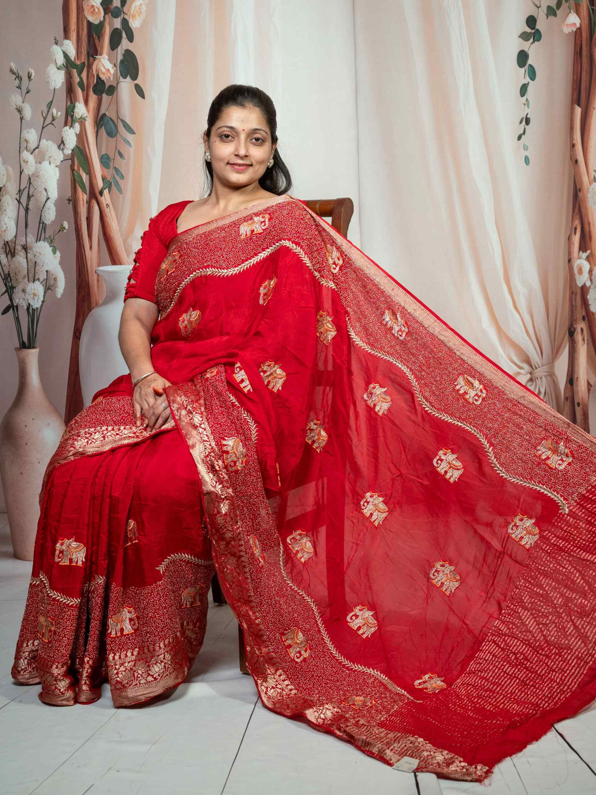 Red Pure Silk Saree with Zari Weaving & Elephant Motifs - Image 5