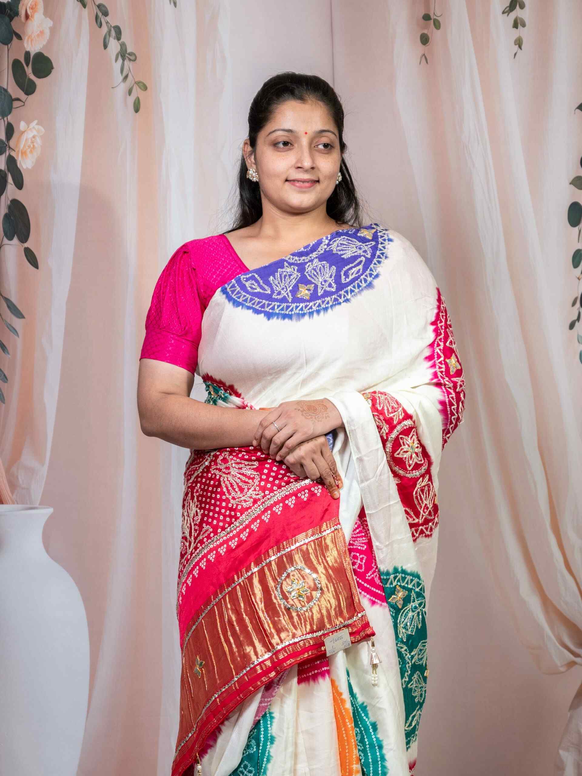 Graceful White Multicolor Modal Gaji Bandhani Saree