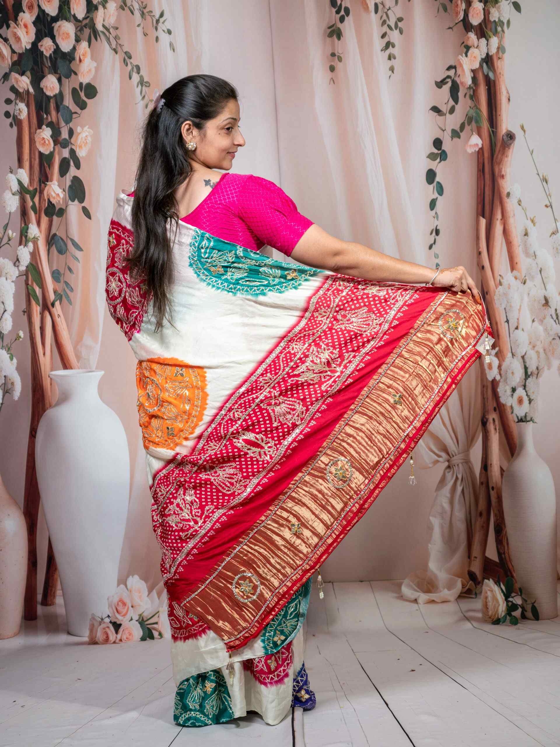 Graceful White Multicolor Modal Gaji Bandhani Saree - Image 4