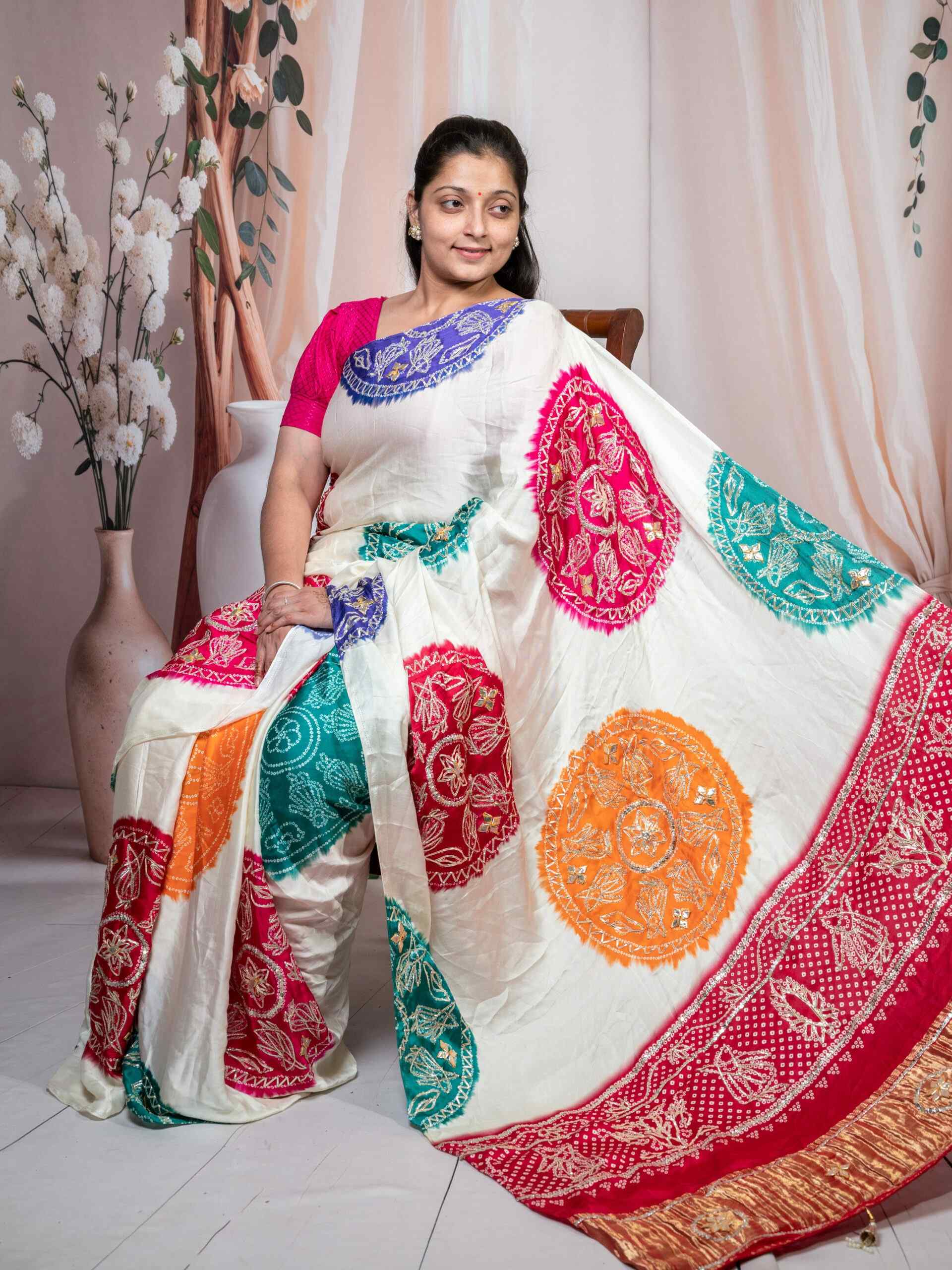 Graceful White Multicolor Modal Gaji Bandhani Saree - Image 5