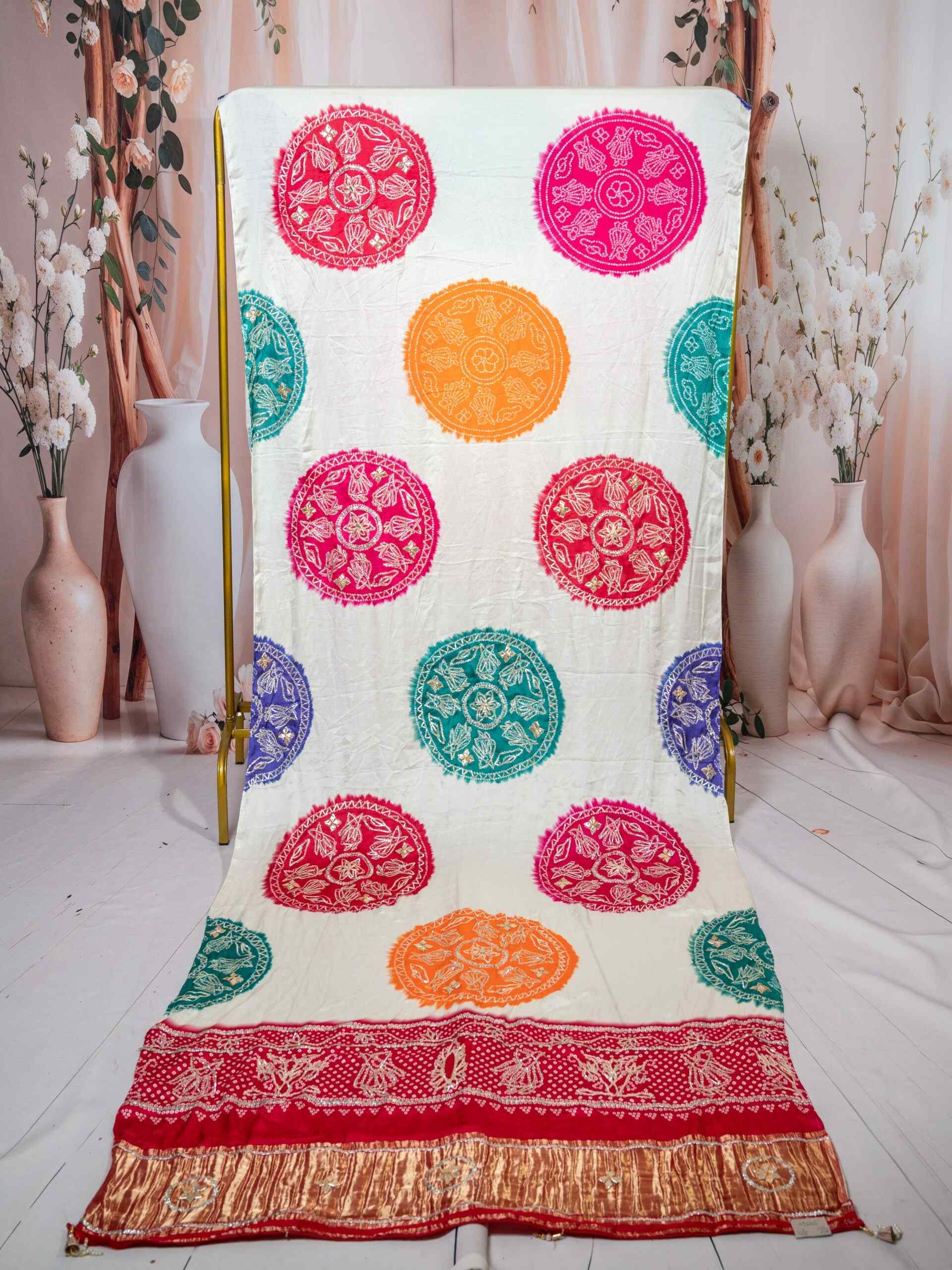 Graceful White Multicolor Modal Gaji Bandhani Saree - Image 6