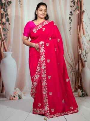 Stunning Rani Pink H.O Fabric Embroidery Work Saree
