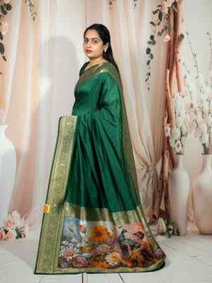 Pure Silk Digital Print Saree with Banarasi Border & Blouse Piece