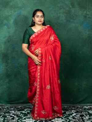 Red Upadda Silk Saree with Zardozi Handwork