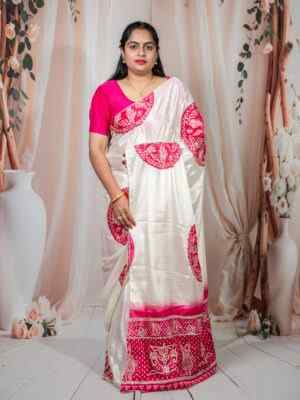 Pink Bandhani Bhandej Chinnon Saree with Kacha Gotta Patti Work
