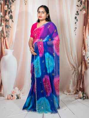 Blue Bandhani Bhandej Simmer Saree with Cut Dana Work