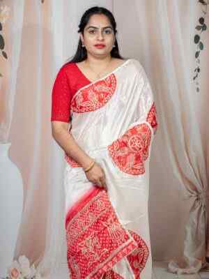 White Bandhani Bhandej Chinnon Saree with Kacha Gotta Patti Work