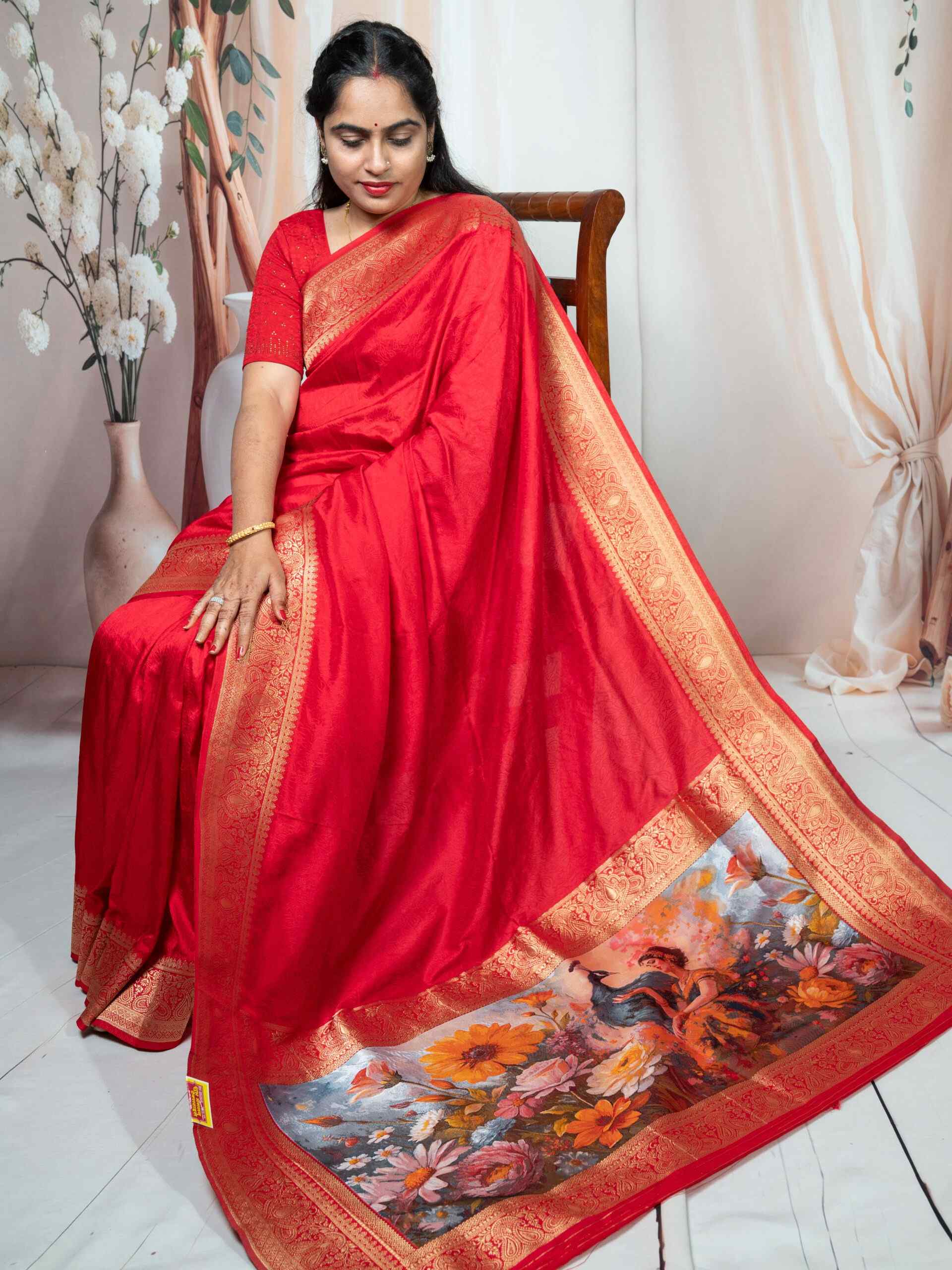 Red Pure Dola Silk Saree with Digital Print Pallu & Banarasi Border - Image 2
