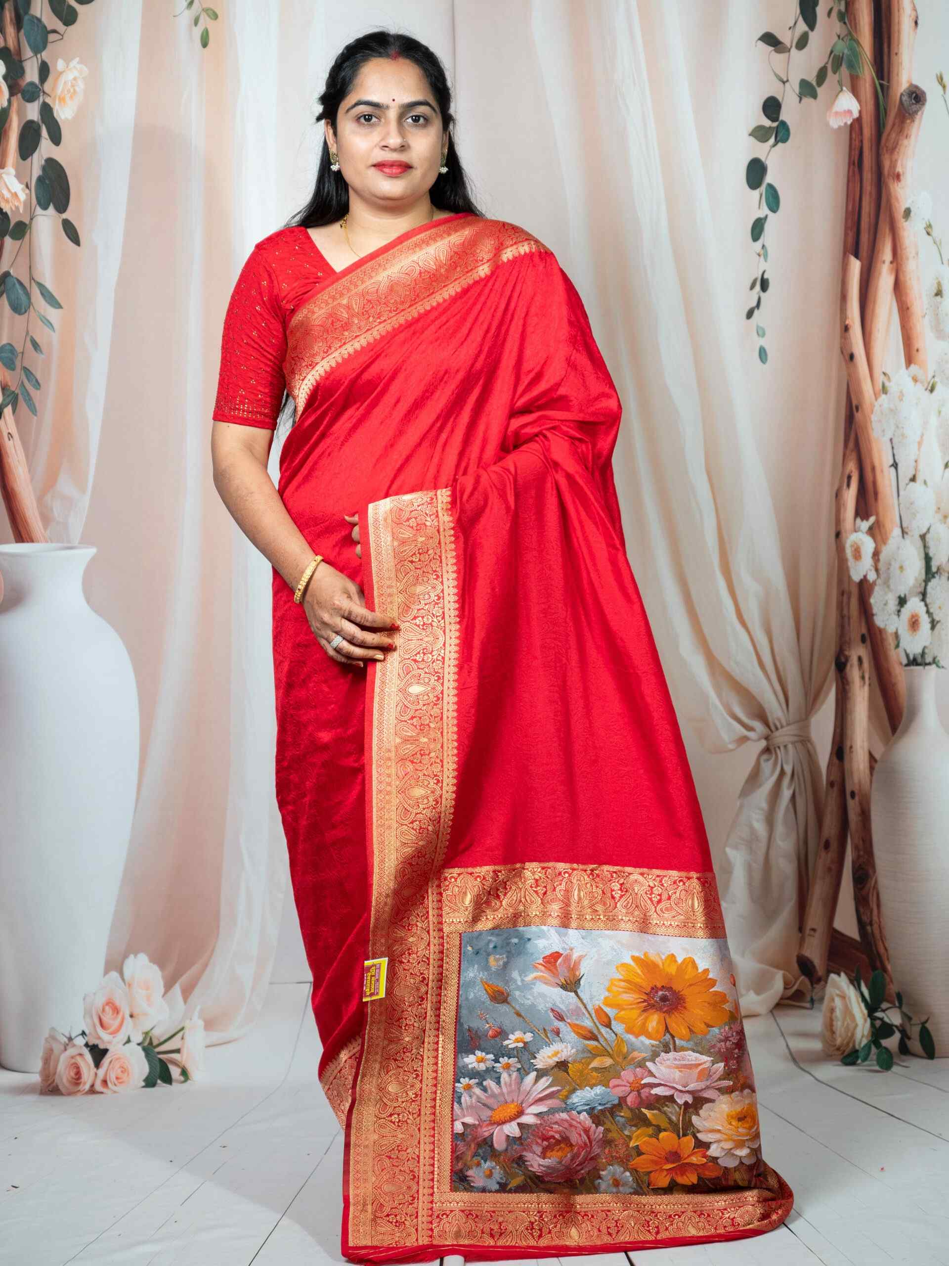 Red Pure Dola Silk Saree with Digital Print Pallu & Banarasi Border - Image 3