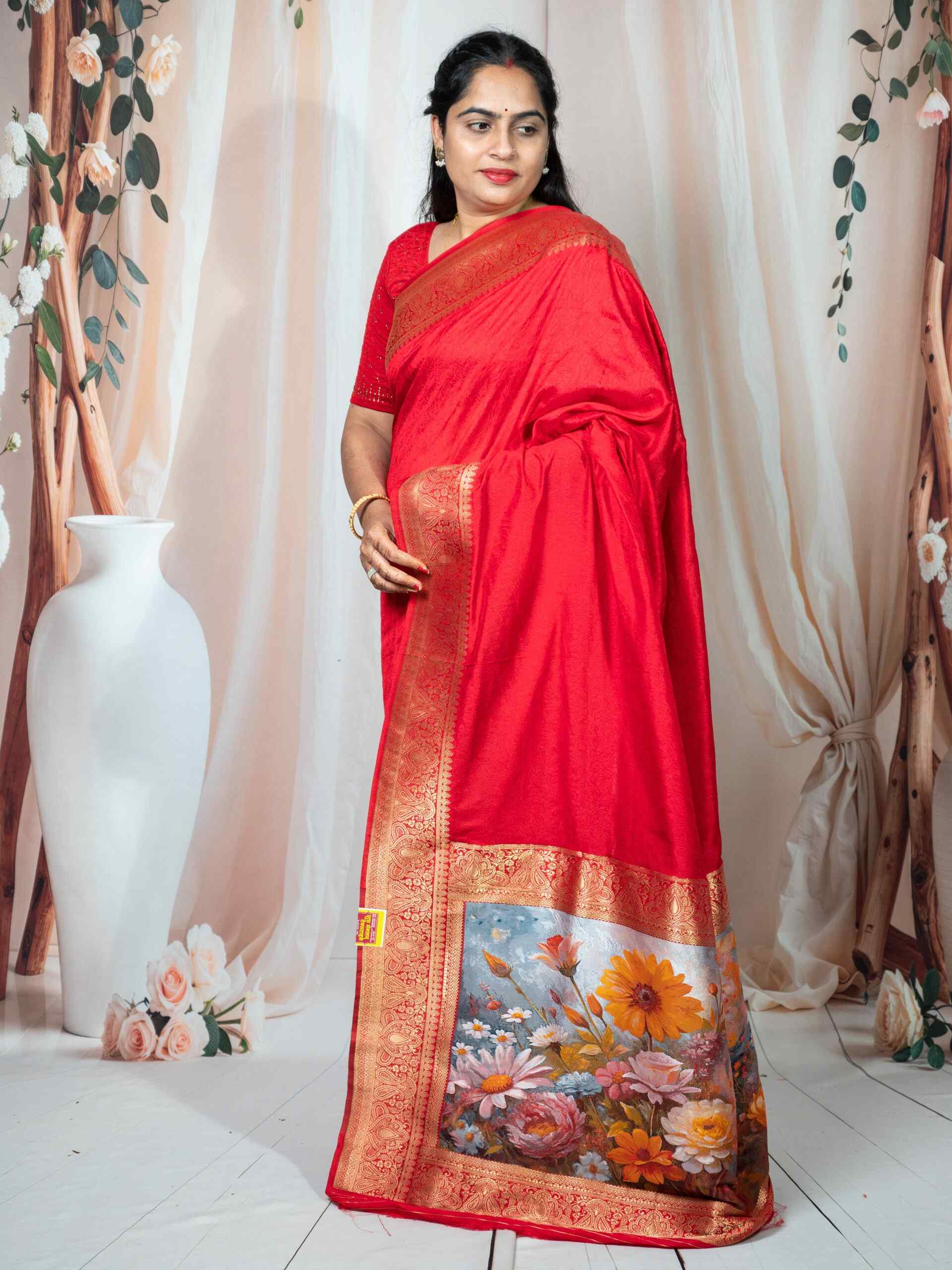 Red Pure Dola Silk Saree with Digital Print Pallu & Banarasi Border - Image 4