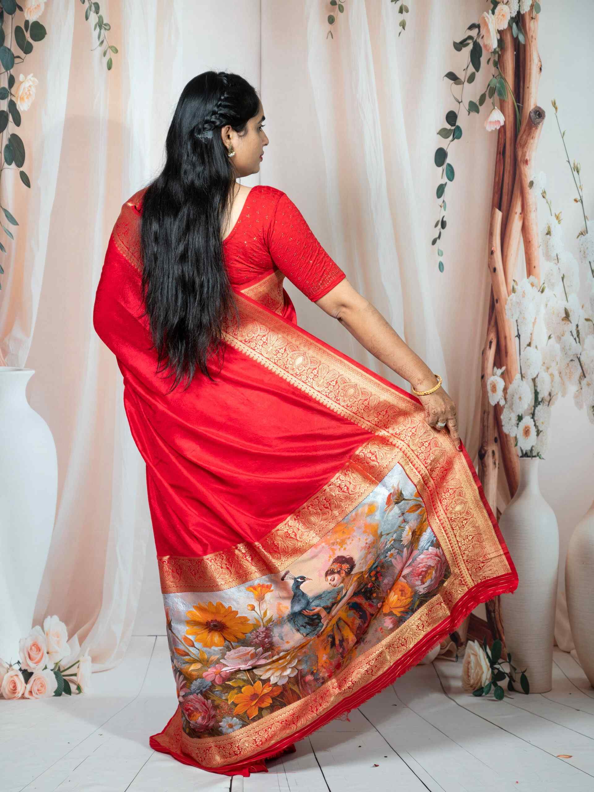 Red Pure Dola Silk Saree with Digital Print Pallu & Banarasi Border - Image 5