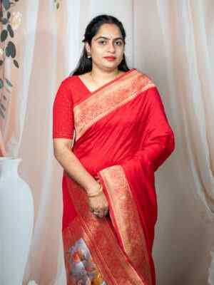 Red Pure Dola Silk Saree with Digital Print Pallu & Banarasi Border