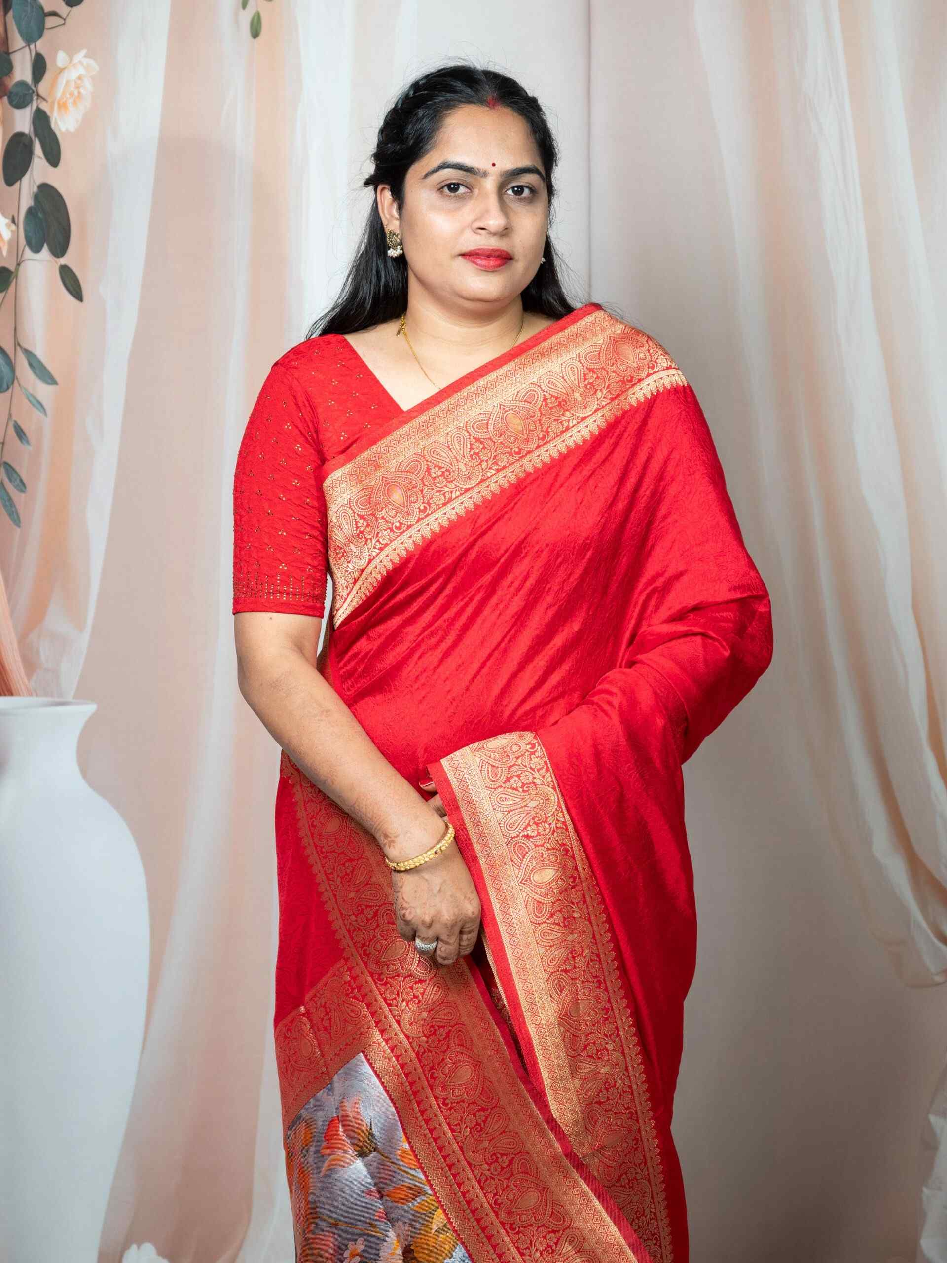 Red Pure Dola Silk Saree with Digital Print Pallu & Banarasi Border